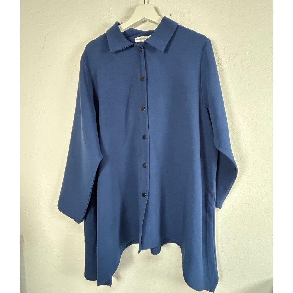 Christopher Calvin Womens 1X Blue Button-Down Tunic Shirt Top Long Sleeve Casual